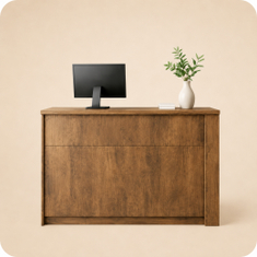 Modern white reception counter in a clean office space