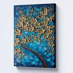 لوحة جدارية شجرة بأوراق ذهبية جميلة وخلفية زرقاء