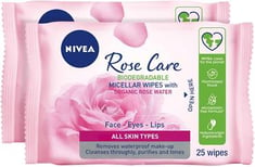  مناديل تنظيف الوجه  نيفيا روز كير، ماء الورد العضوي،  2 × 25 مناديل مبللة