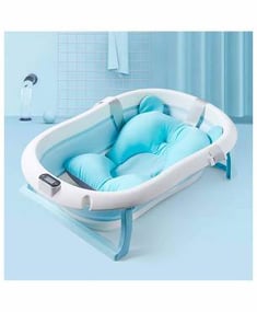 حوض استحمام قابل للطي- مع مقياس حرارة وفتحة تفريغ ووسادة لحماية وتثبيت الطفل- أزرق