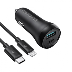 RAVPower RP-VC027 PD20W Total 38W Car Charger + 1m Lightning Cable Combo Black