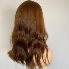 باروكة شعر طبيعي طول 16 انش ويفي كثافة 130% لون بني جذور أمامية فروة حرير