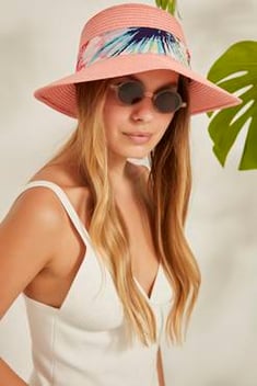 قبعة شاطئ قش وردي نسائية
