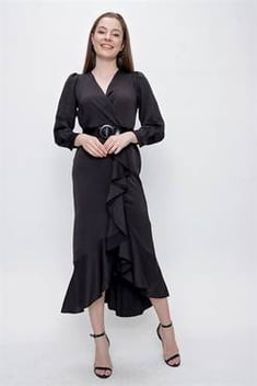 فستان ستان أسود مكشكش بحزام وياقة لف نسائي