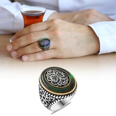 خاتم فضة عيار 925 بفصوص زركون مفصلة بكهرمان أخضر رجالي
