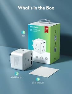 شاحن جداري راف باور  3 مداخل طاقه ثلاثيه مع منفذين USB ومنفذ تايب سي بتقنية PD بقوة 20 واط ميني