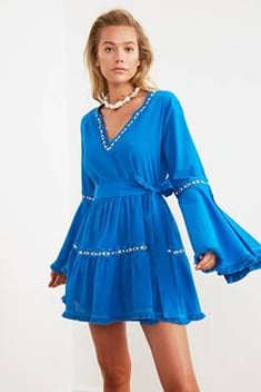 فستان شاطئ فوال أزرق فاتح مكشكش نسائي