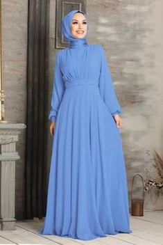 فستان سهرة محتشم أزرق بحزام نسائي