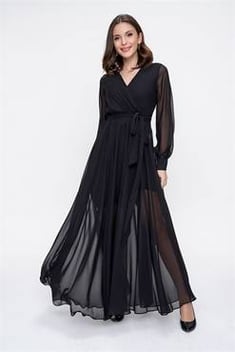 فستان شيفون أسود مبطن بياقة لف نسائي
