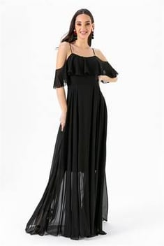 فستان سهرة شيفون أسود مكشكش بحمالات نسائي