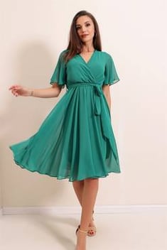 فستان أخضر مائي مكشكش بياقة لف نسائي