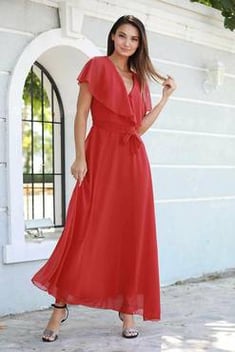 فستان طويل شيفون أحمر بياقة لف نسائي