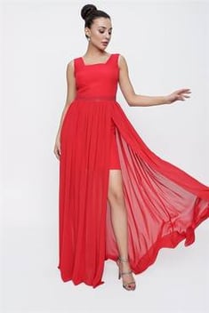 فستان أحمر بأطراف شيفون نسائي
