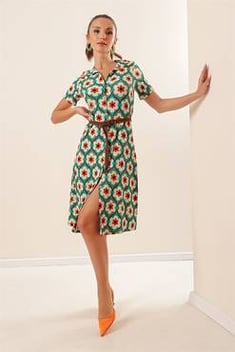 Women's Short Sleeves Floral Pattern Green Midi Dress