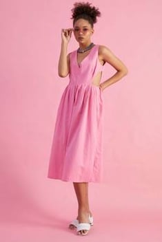 Women's V Neck Pink Midi Dress