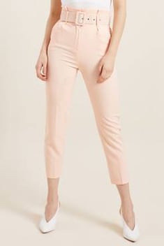 Women's High Waist Belted Salmon Trousers