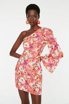 Turuncu Çiçek Desenli Poplin Elbise