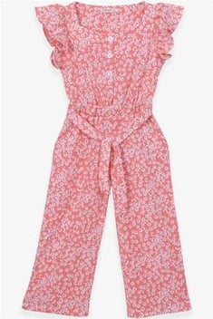 Girl's Belted Patterned Salmon Overall