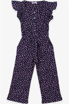 Girl's Belted Patterned Navy Blue Overall