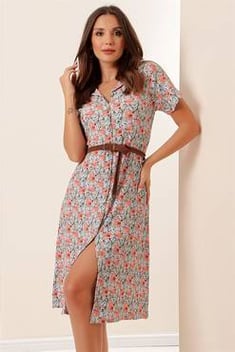 Women's Button Floral Pattern Midi Dress