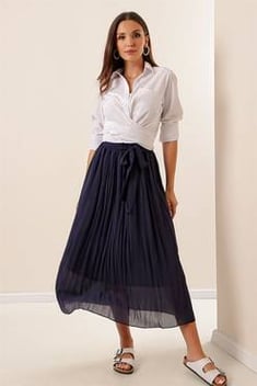 Women's Elastic Waist Navy Blue Chiffon Long Skirt