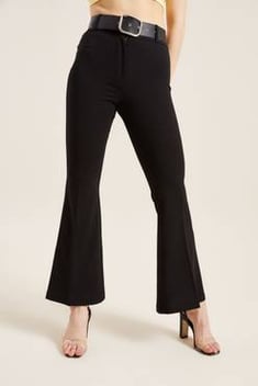 Women's High Waist Belted Black Flare Pants