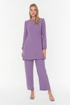 Women's Tie Detail Purple Tunic &amp; Pants Set