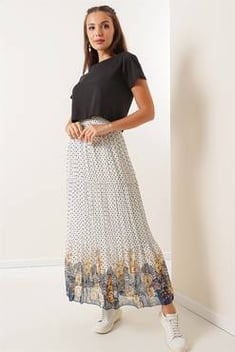 Women's Elastic Waist Patterned Lined Chiffon Skirt