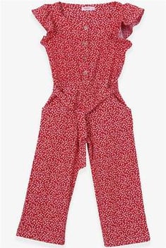 Girl's Belted Patterned Red Overall