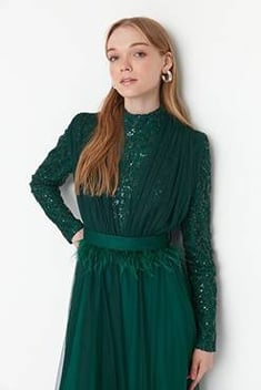 فستان سهرة أخضر مفصل بترتر نسائي