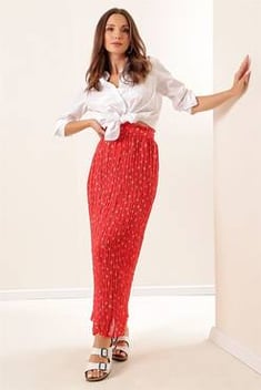 Women's Elastic Waist Heart Pattern Red Chiffon Long Skirt