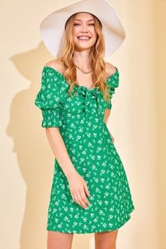 Yeşil Çiçekli Kayık Yaka Büzgülü Elbise 2YXK6-46363-08