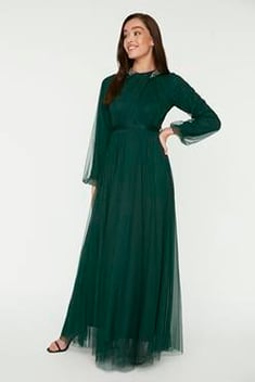 فستان سهرة أخضر بياقة مفصلة نسائي