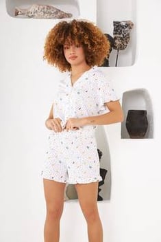 Women's Patterned White Shorts Pajama Set