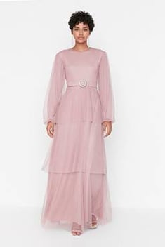 Women's Belted Powder Rose Tulle Evening Dress