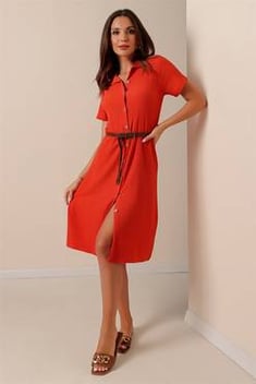 Women's Short Sleeves Button Orange Midi Dress