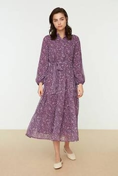 Women's Floral Pattern Lilac Chiffon Dress