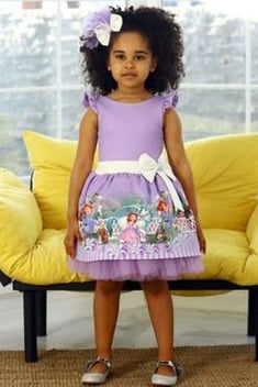 Kız Çocuk New Cartoon Raised Tütülü Mor Elbise