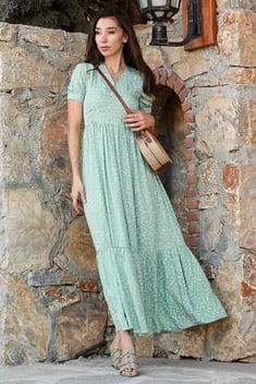 Women's Floral Pattern Almond Green Long Dress