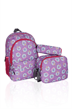 Kid's Patterned Purple School Bag, Lunch Box &amp; Pencil Case Set
