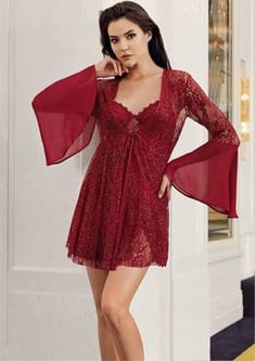 Women's Claret Red Satin Nightgown &amp; Morning Robe Set