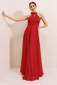 فستان طويل أحمر لامع بدون أكمام نسائي