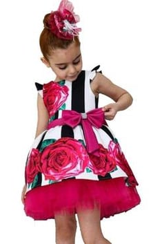Kız Çocuk New Great Rose Model Çizgili Fuşya Elbise