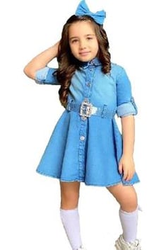 Kız Çocuk New Önü Düğmeli ve Kemerli Kot Elbise