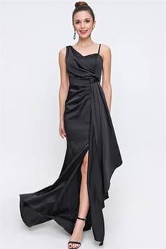 فستان سهرة ستان أسود مكشكش نسائي