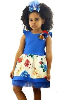 Kız Çocuk New Broşlu ve Toka Hediyeli Çiçekli Mavi Elbise