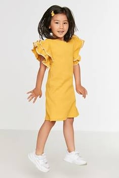 Sarı Fırfırlı Kız Çocuk Örme Elbise