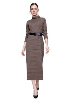 Women's Turtleneck Belted Brown Dress