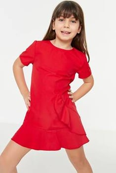 Kırmızı Volanlı Kız Çocuk Dokuma Elbise