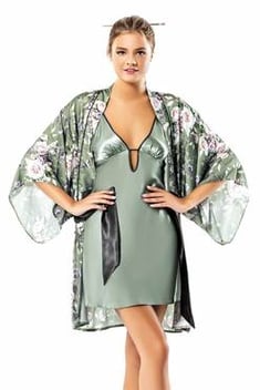 Women's Patterned Aqua Green Satin Nightgown &amp; Morning Robe Set